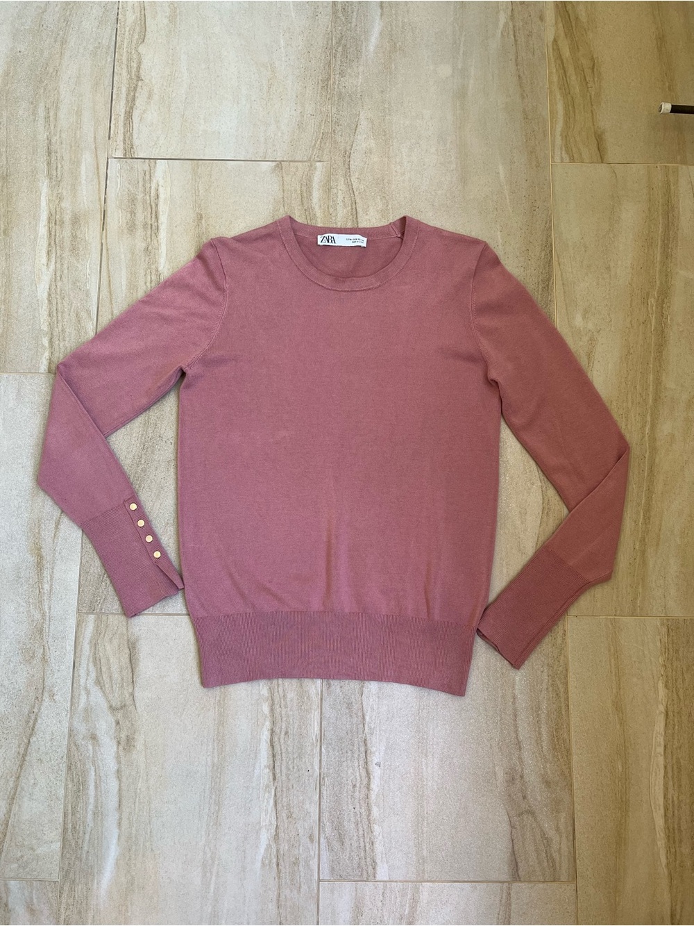 Zara Dusty Rose Crewneck Sweater with Gold Button Detail